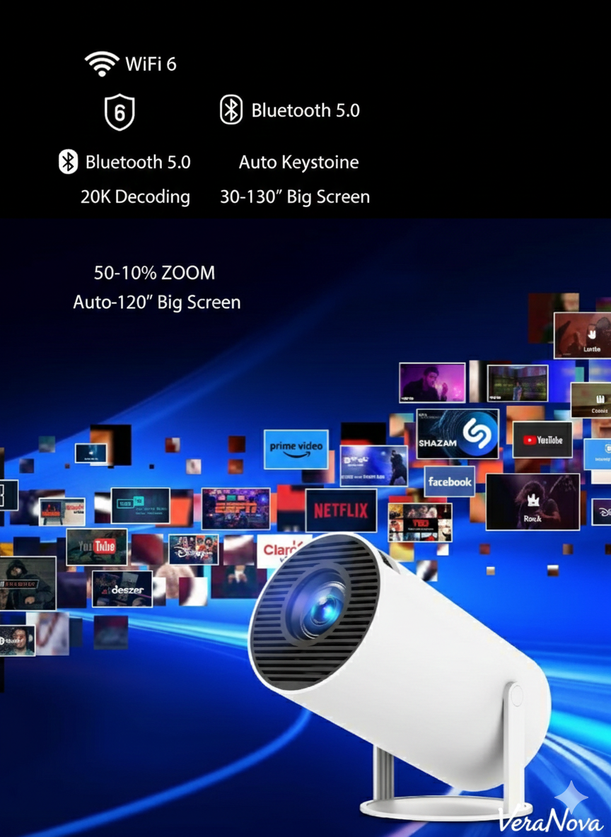 VeraNova™ VisionPro – 4K Ultra HD Portable Smart Projector with Auto-Correction